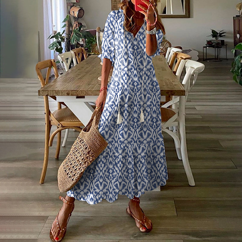 Women'S Half Sleeve Floral Print V Neck Casual Geometric Maxi Dress