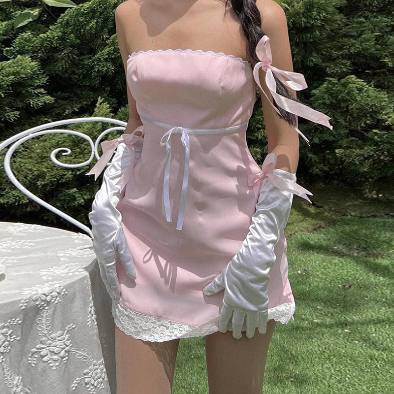 Women Summer Sexy y2k Fairy Dress Casual Loose Dress Bowknot Lace Tube Top Mini Dress
