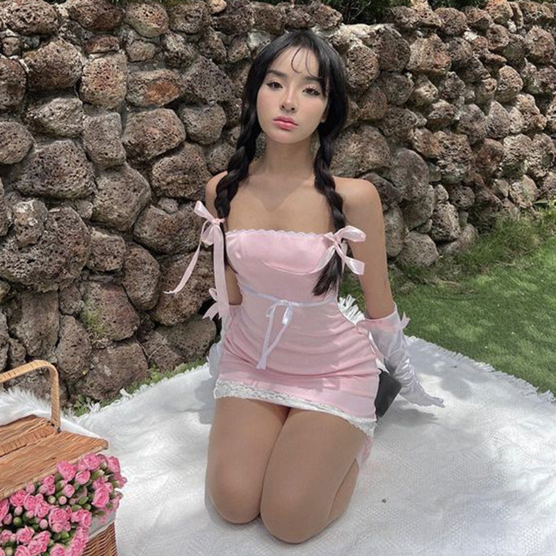Women Summer Sexy y2k Fairy Dress Casual Loose Dress Bowknot Lace Tube Top Mini Dress