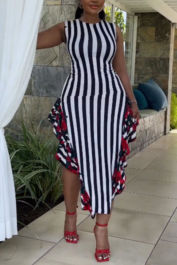 Yellow Casual Sweet Daily Simplicity Mixed Printing Striped Printing Contrast O Neck Dresses