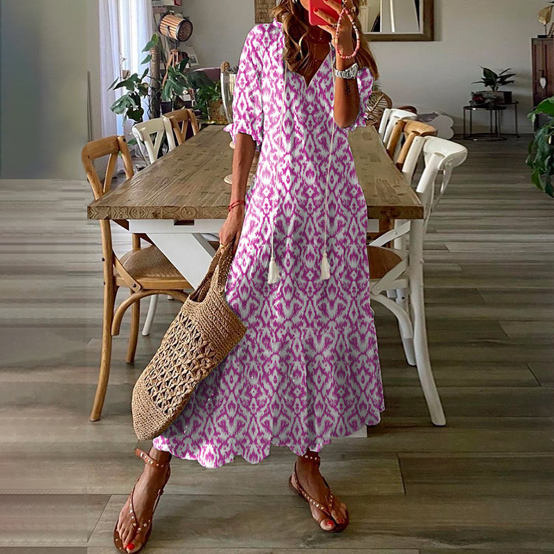 Women'S Half Sleeve Floral Print V Neck Casual Geometric Maxi Dress