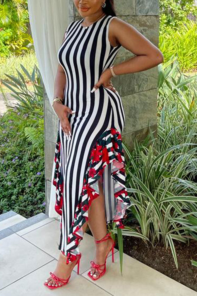 Yellow Casual Sweet Daily Simplicity Mixed Printing Striped Printing Contrast O Neck Dresses