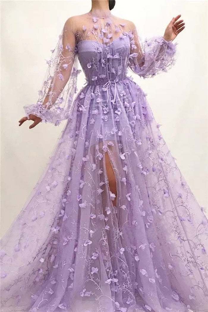 2023 Fashion Floral Long Sleeve Women Autumn Long Party Dress Sexy Mesh Tulle Purple Maxi Dress Vestidos De Mujer