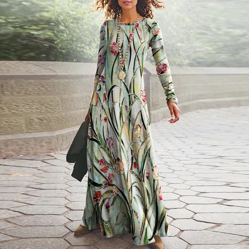 2023 Spring Geometric Print Long Party Dress Women Elegant O Neck Office Maxi Dress Autumn Long Sleeve Hem Boho Lady Dress Mujer