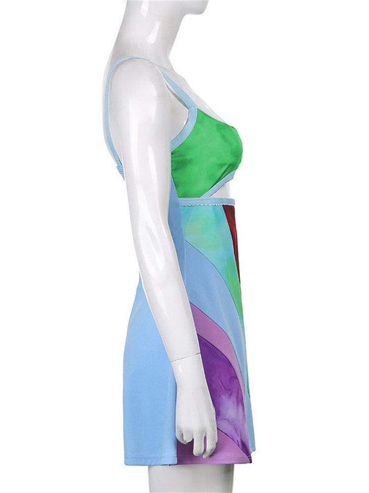 Y2K Women Suspender A-Line Dress Summer Sleeveless Contrast Color U-Neck Cutout Short Bodycon Dress Harajuku Sundress 2022 New