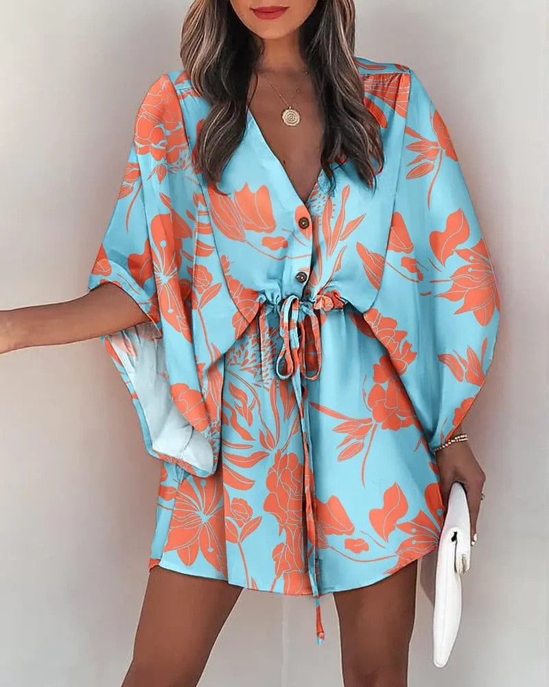 2023 Summer Boho Dresses Women Casual Flora Print Batwing Sleeve Lace-Up Dress Sexy V Neck Loose Ladies Beach Mini Dress Vestido