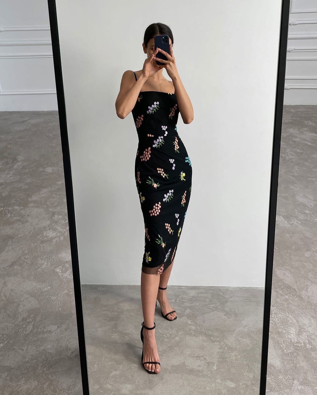 2023 Sexy Mesh Dress Strapless Floral Embroidery Suspender Midi Dress Sleeveless High Waist Sheath Dress Elegant Vestidos