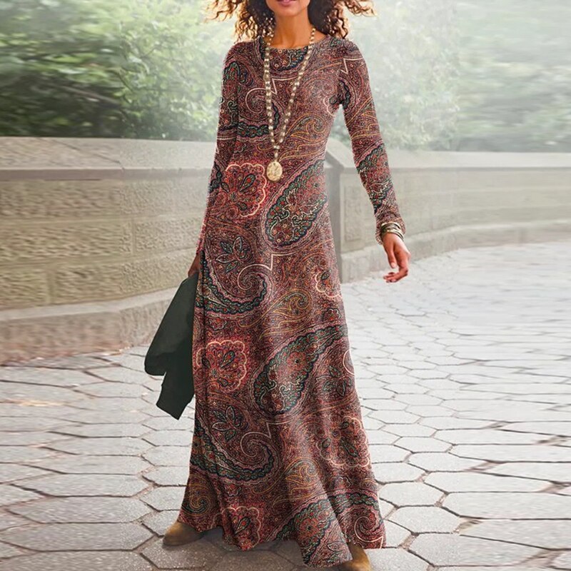 2023 Spring Geometric Print Long Party Dress Women Elegant O Neck Office Maxi Dress Autumn Long Sleeve Hem Boho Lady Dress Mujer