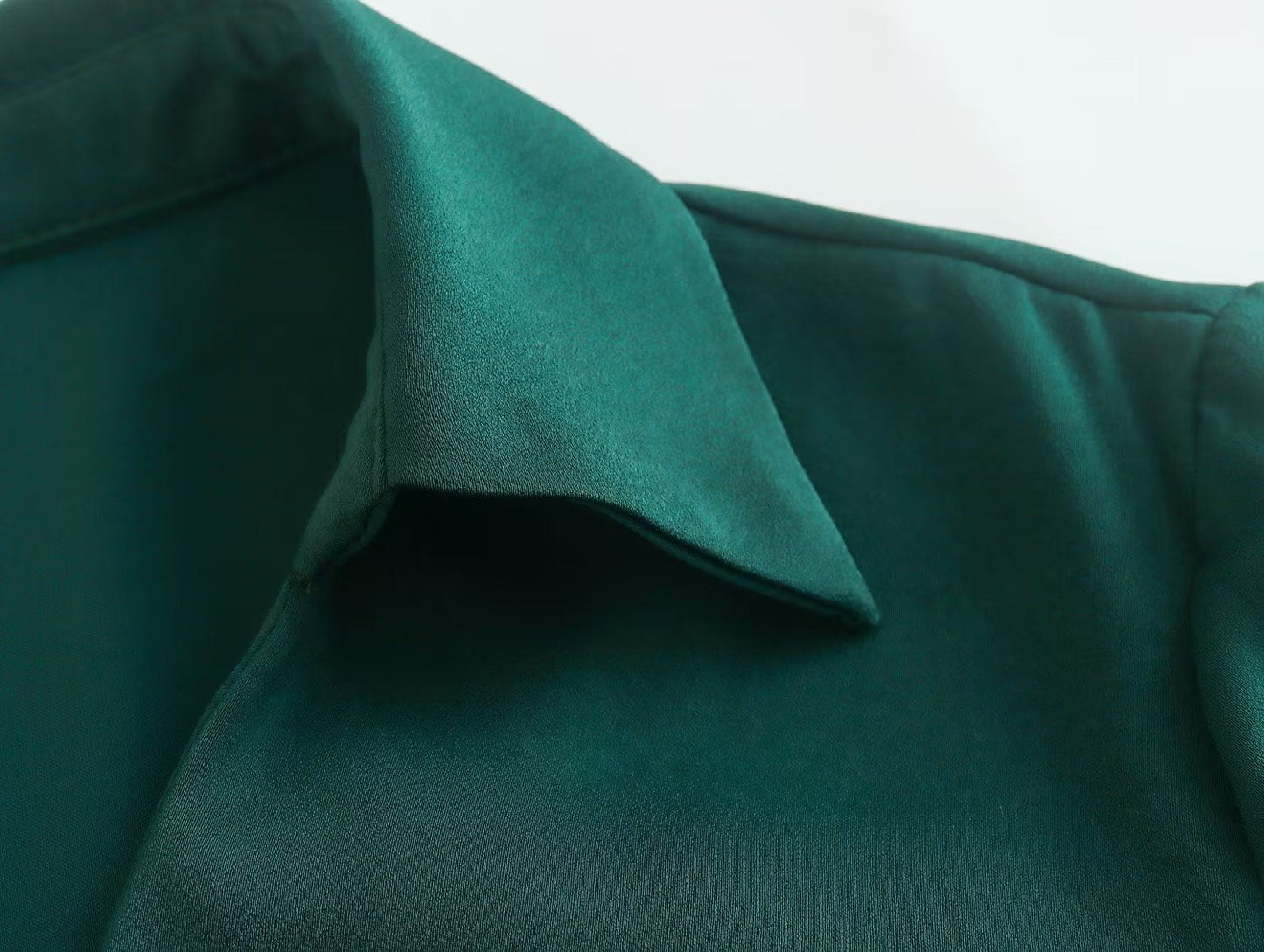 2023 New Spring Women With Blet Green Satin Shirt Dress Long Sleeve Female Midi Vestidos