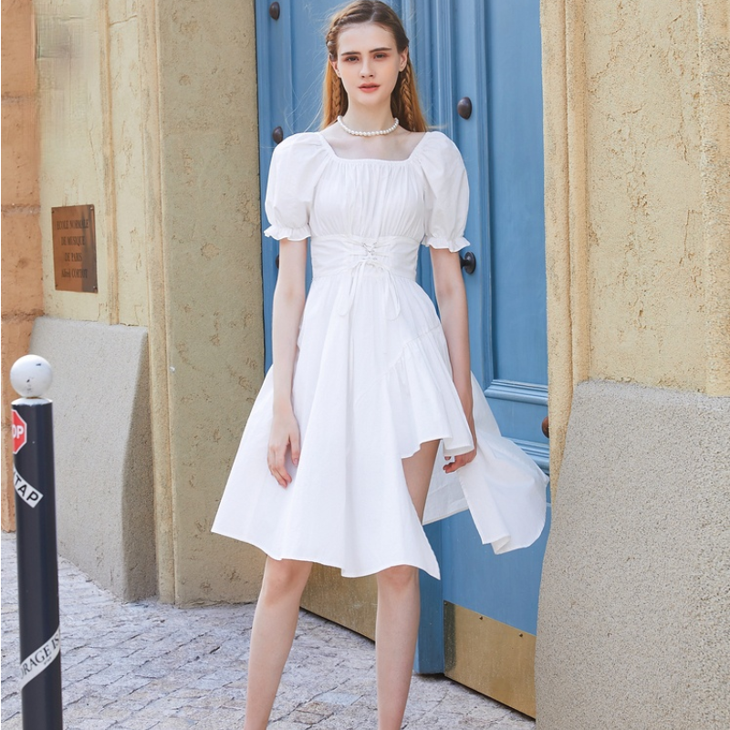 Women's White Dress Summer Elegant Vintage Kawaii Puff Sleeve Midi Dress Square Collar Bandage Sundress Goth Outfits