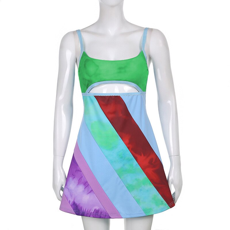 Y2K Women Suspender A-Line Dress Summer Sleeveless Contrast Color U-Neck Cutout Short Bodycon Dress Harajuku Sundress 2022 New