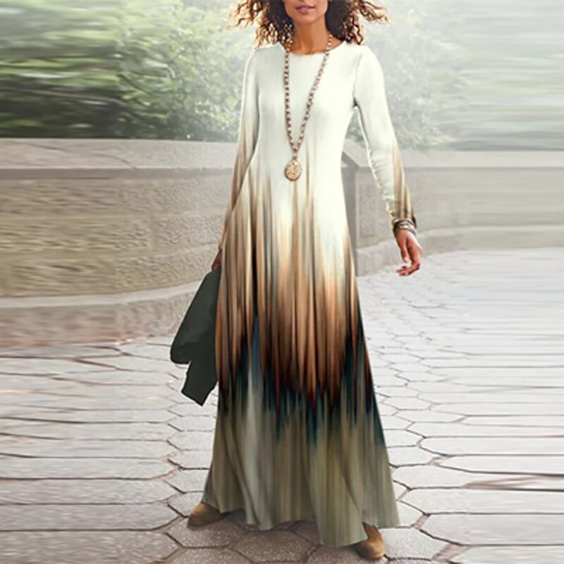 2023 Spring Geometric Print Long Party Dress Women Elegant O Neck Office Maxi Dress Autumn Long Sleeve Hem Boho Lady Dress Mujer