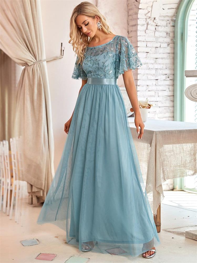 2023 New Women's Burgundy A-Line Sequin Mesh Leaf Maxi Prom Dress Sparkle Evening Dresses O-Neck Short Sleeve Long Dress