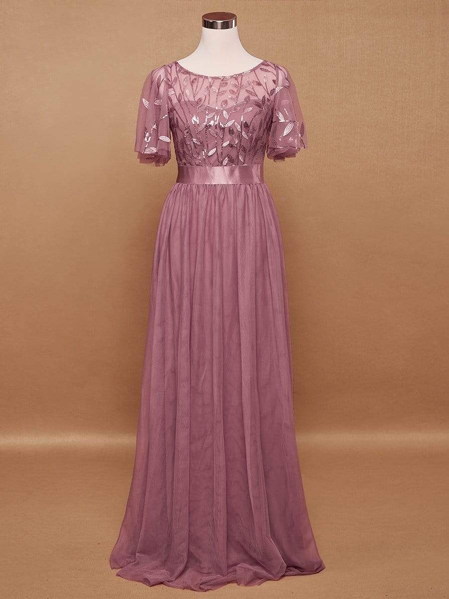 2023 New Women's Burgundy A-Line Sequin Mesh Leaf Maxi Prom Dress Sparkle Evening Dresses O-Neck Short Sleeve Long Dress