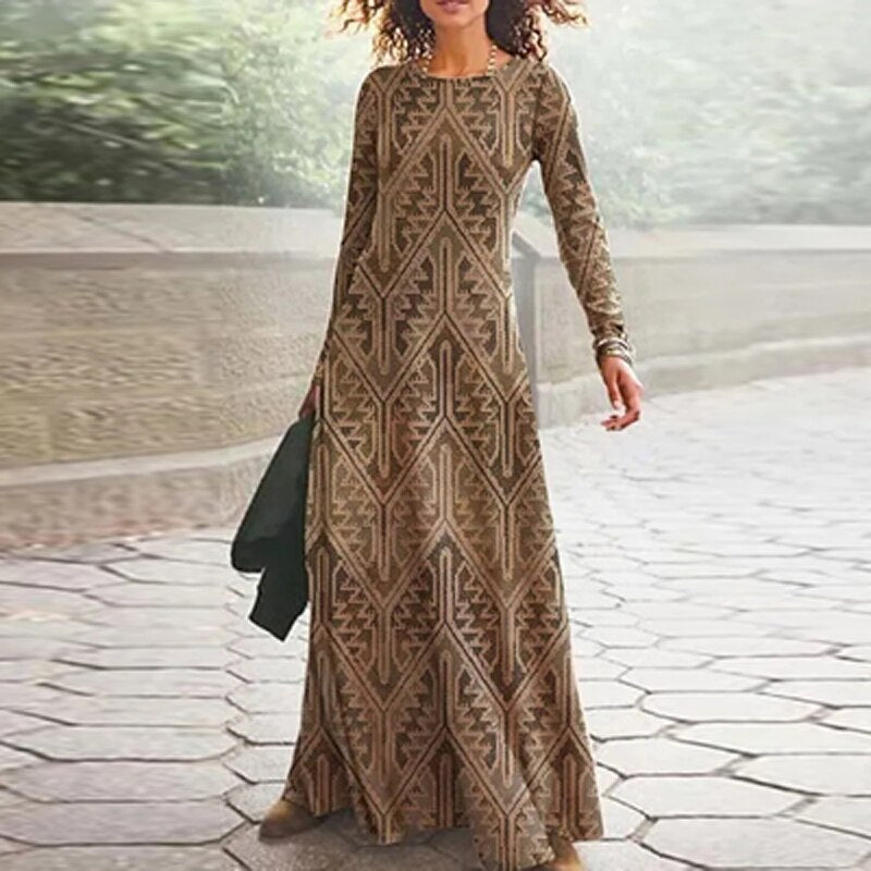 2023 Spring Geometric Print Long Party Dress Women Elegant O Neck Office Maxi Dress Autumn Long Sleeve Hem Boho Lady Dress Mujer