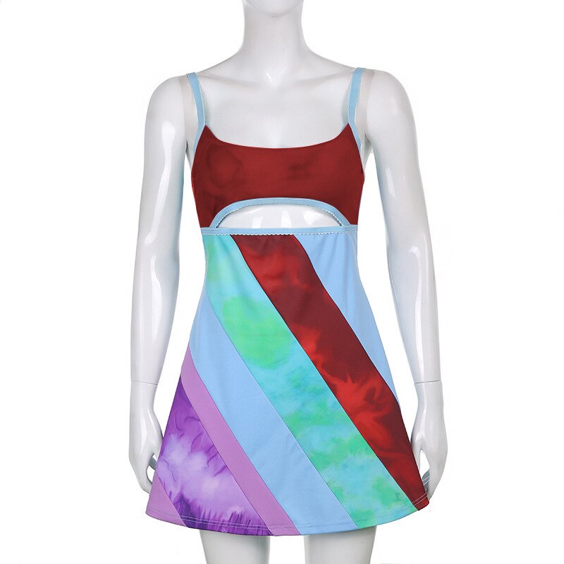 Y2K Women Suspender A-Line Dress Summer Sleeveless Contrast Color U-Neck Cutout Short Bodycon Dress Harajuku Sundress 2022 New