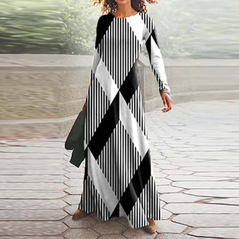 2023 Spring Geometric Print Long Party Dress Women Elegant O Neck Office Maxi Dress Autumn Long Sleeve Hem Boho Lady Dress Mujer