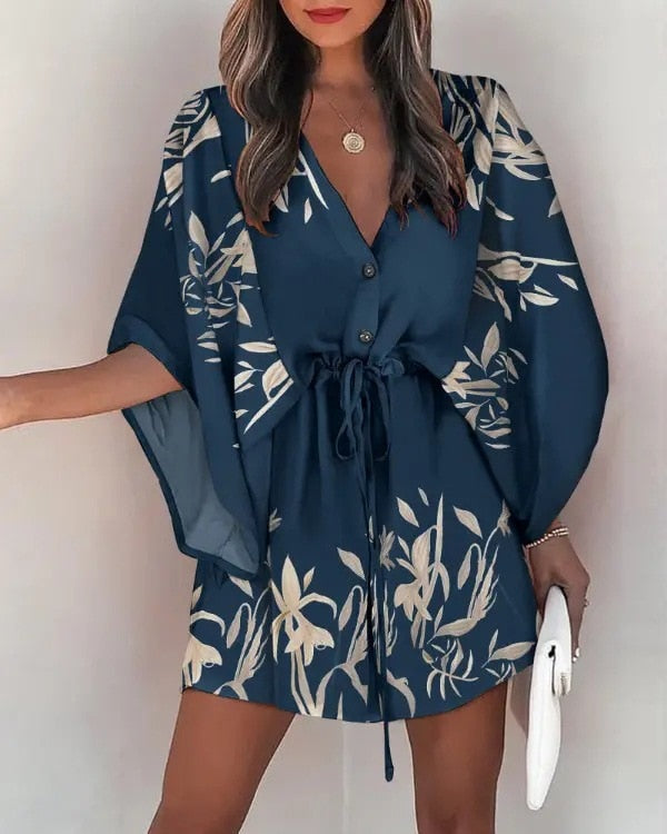 2023 Summer Boho Dresses Women Casual Flora Print Batwing Sleeve Lace-Up Dress Sexy V Neck Loose Ladies Beach Mini Dress Vestido
