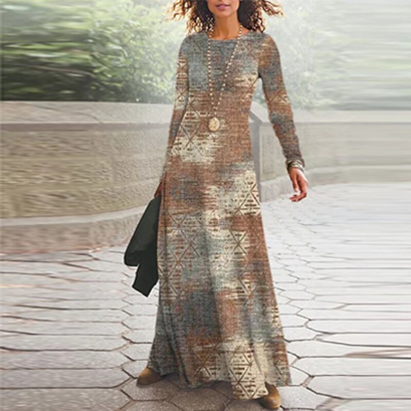 2023 Spring Geometric Print Long Party Dress Women Elegant O Neck Office Maxi Dress Autumn Long Sleeve Hem Boho Lady Dress Mujer