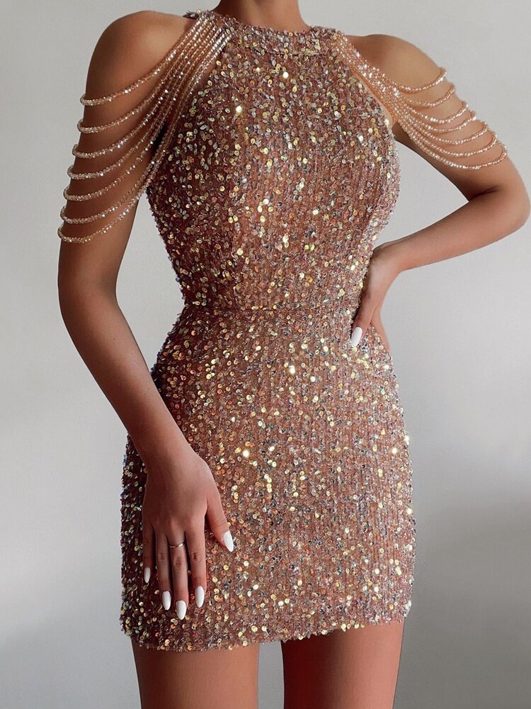 2023 Sexy Sleeveless Off Shoulder Skinny Dress Fashion Mini High Waist Party Dress for Women Elegant Halter Chain Sequin Dress