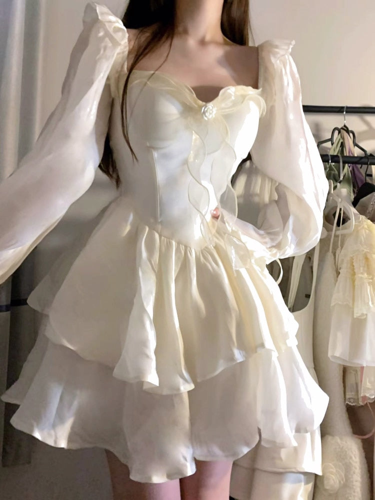 2023 Spring Pure Color French Fairy Mini Dress Y2k Party Slim One Piece Dress Korean Design Lace Sweet Sexy Women Dress Lolita