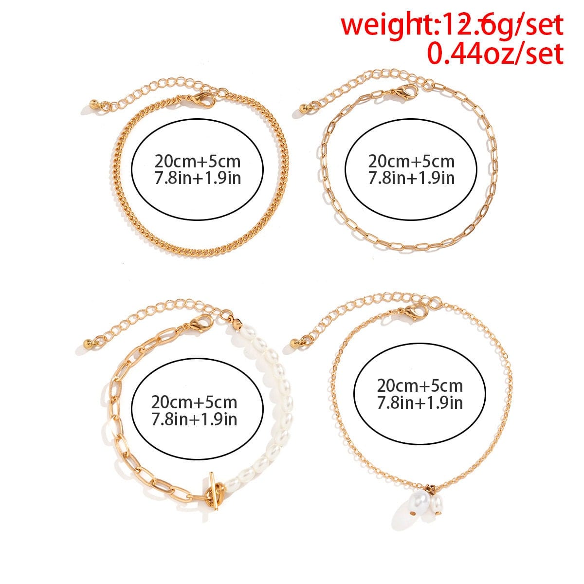 Bohemia Toggle Clasp Pearl Charm Paperclip Curb Cable Chain Anklet Set