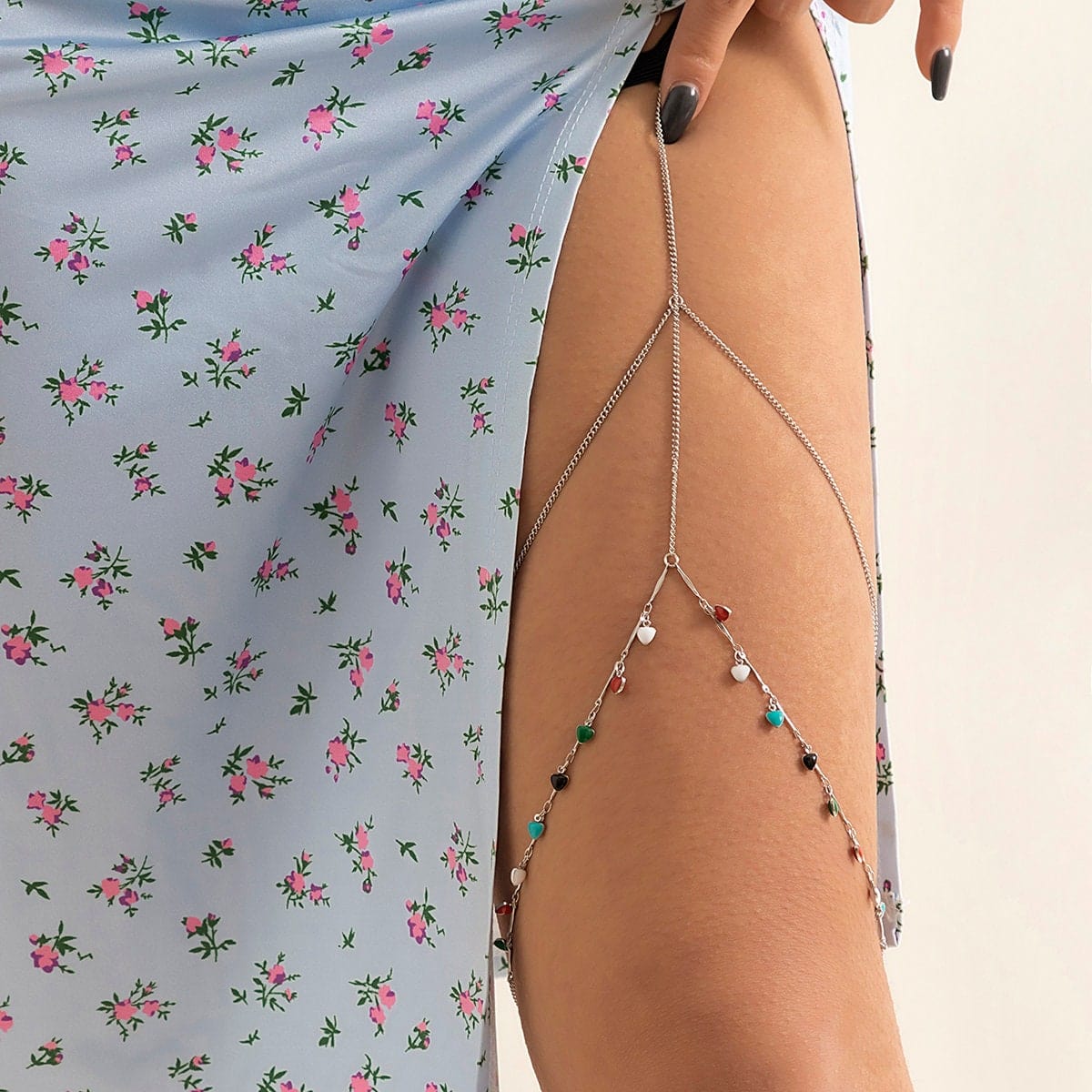 Bohemian Layered Colorful Enamel Heart Tassel Elastic Thigh Leg Chain