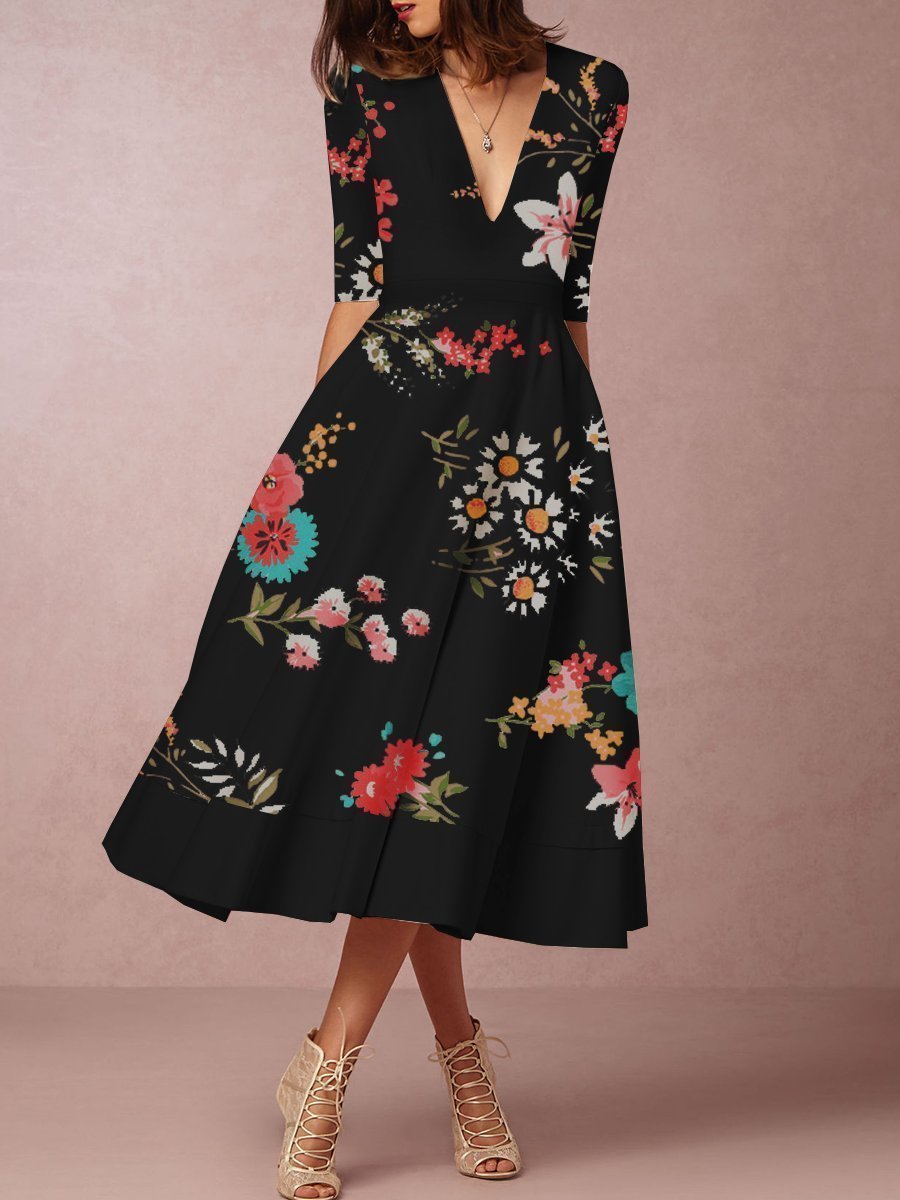 Women's Printed V-Neck Midi Skater Dresses