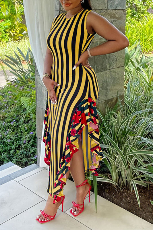 Yellow Casual Sweet Daily Simplicity Mixed Printing Striped Printing Contrast O Neck Dresses