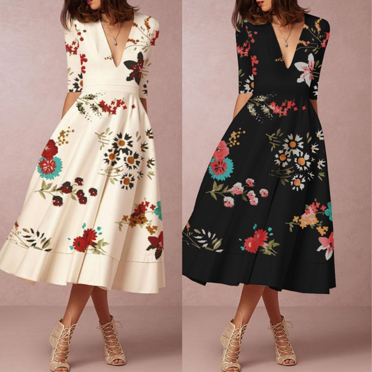 Women's Printed V-Neck Midi Skater Dresses