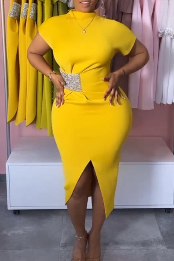 Yellow Casual Daily Elegant Simplicity Slit Asymmetrical Dresses