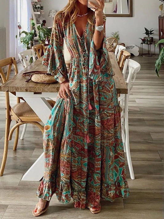Women's Boho Floral Pattern Flared Sleeve Maxi Dress