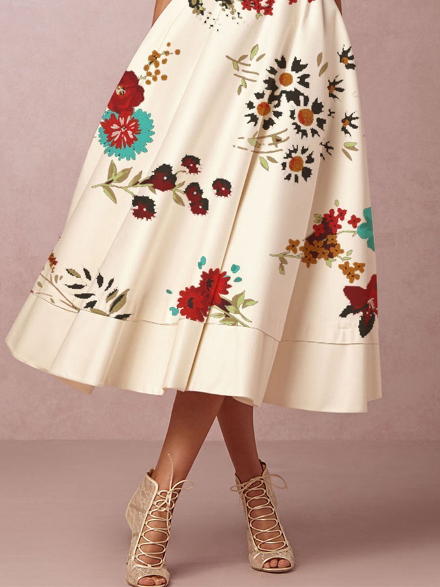 Women's Printed V-Neck Midi Skater Dresses