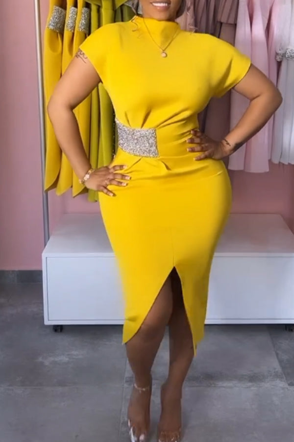 Yellow Casual Daily Elegant Simplicity Slit Asymmetrical Dresses