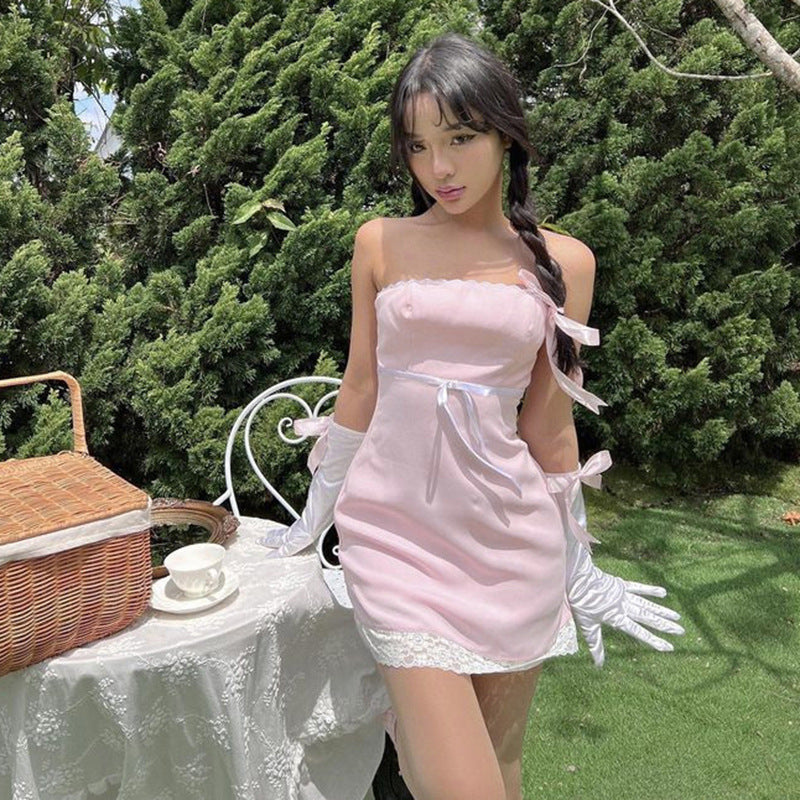 Women Summer Sexy y2k Fairy Dress Casual Loose Dress Bowknot Lace Tube Top Mini Dress
