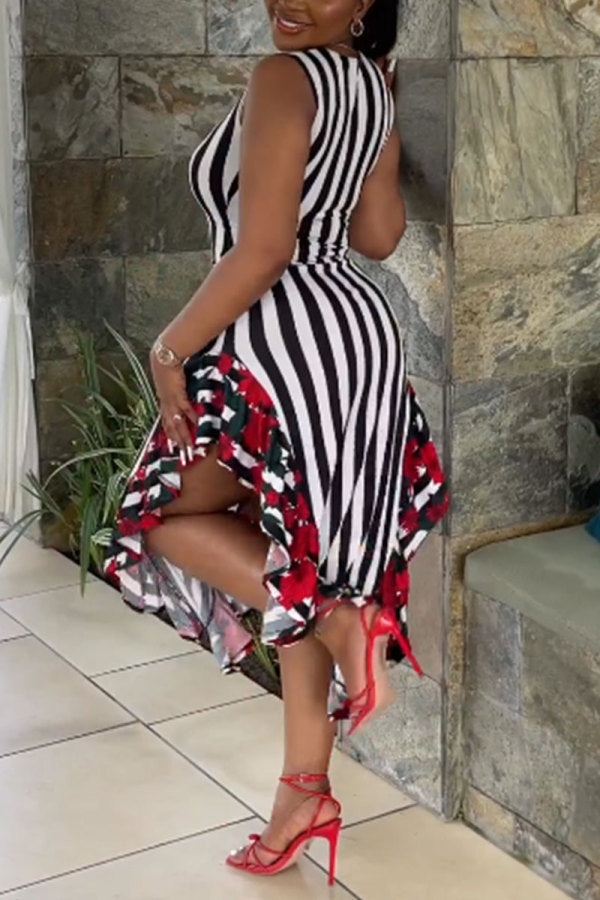 Yellow Casual Sweet Daily Simplicity Mixed Printing Striped Printing Contrast O Neck Dresses