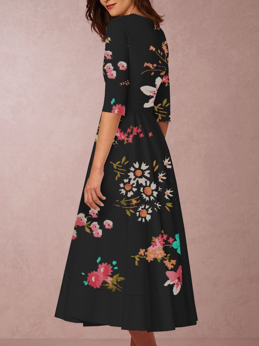 Women's Printed V-Neck Midi Skater Dresses