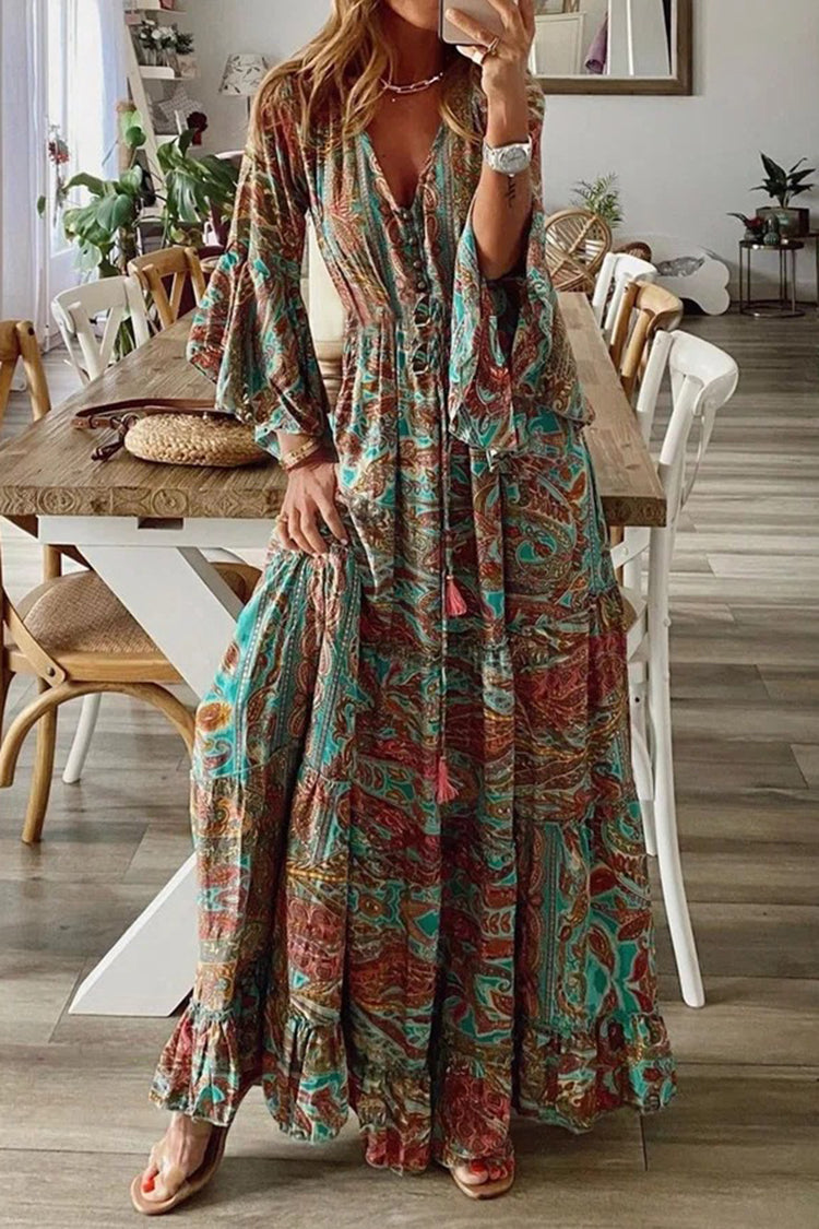 Women's Boho Floral Pattern Flared Sleeve Maxi Dress