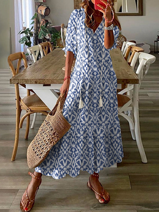 Women'S Half Sleeve Floral Print  V Neck Casual Geometric Maxi Dress
