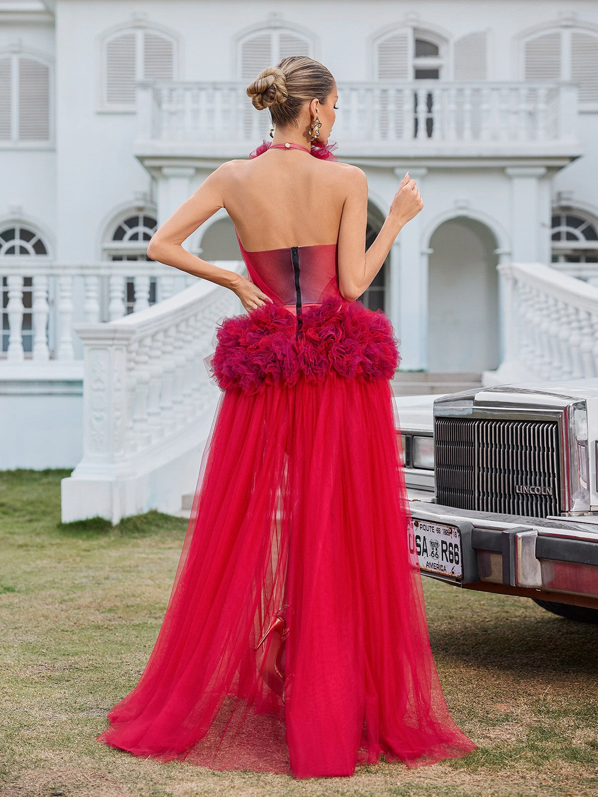 Fyrielle Halterneck Tulle Maxi Dress In Red