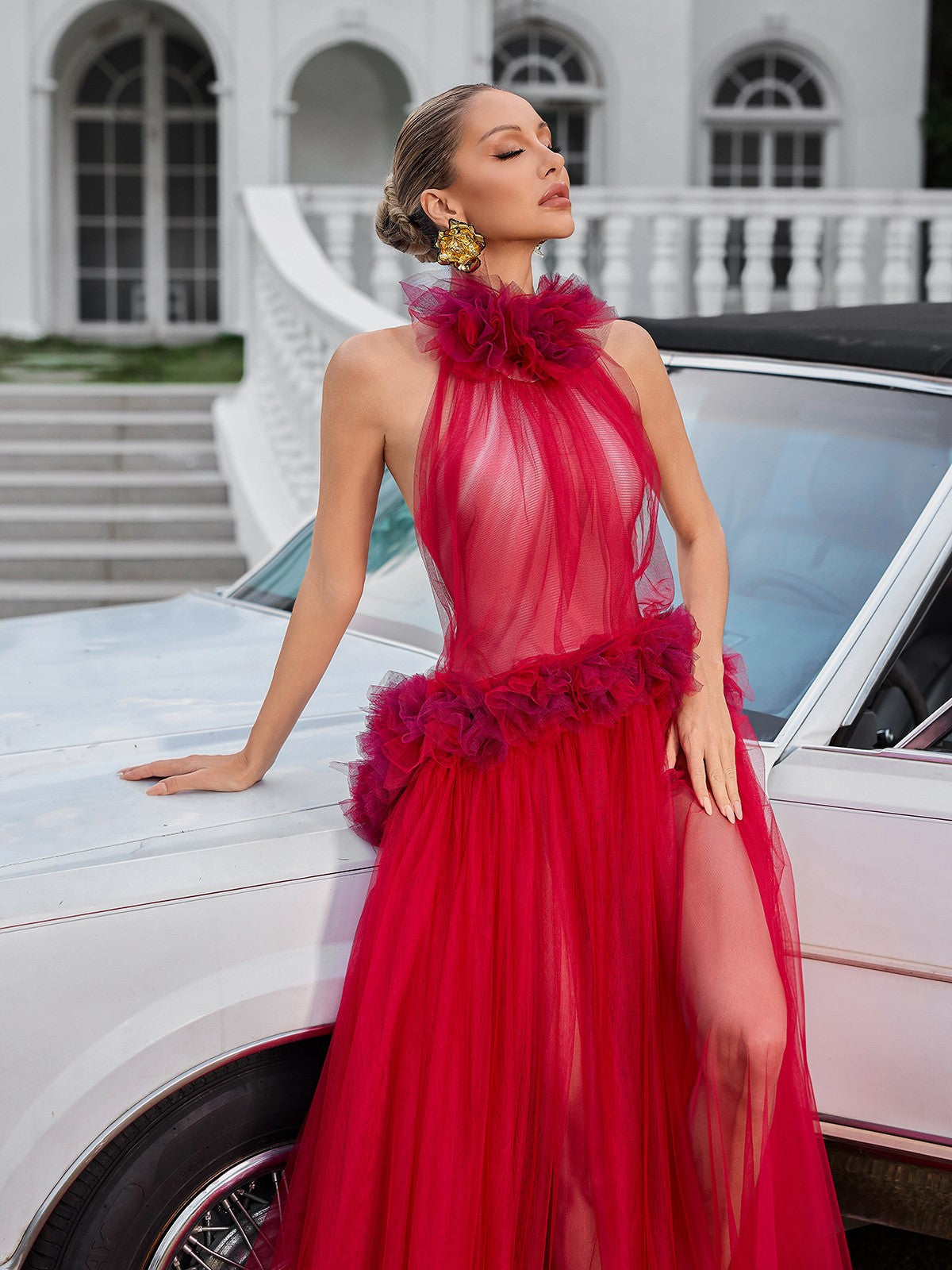 Fyrielle Halterneck Tulle Maxi Dress In Red