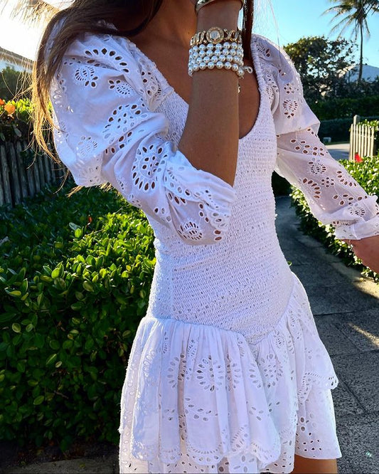 2023 Summer Autumn Long Sleeve Elegant Embroidery Mini Dress Women Long Sleeve Cotton Smocked Bodice Sexy Woman Dress
