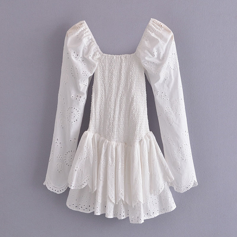 2023 Summer Autumn Long Sleeve Elegant Embroidery Mini Dress Women Long Sleeve Cotton Smocked Bodice Sexy Woman Dress