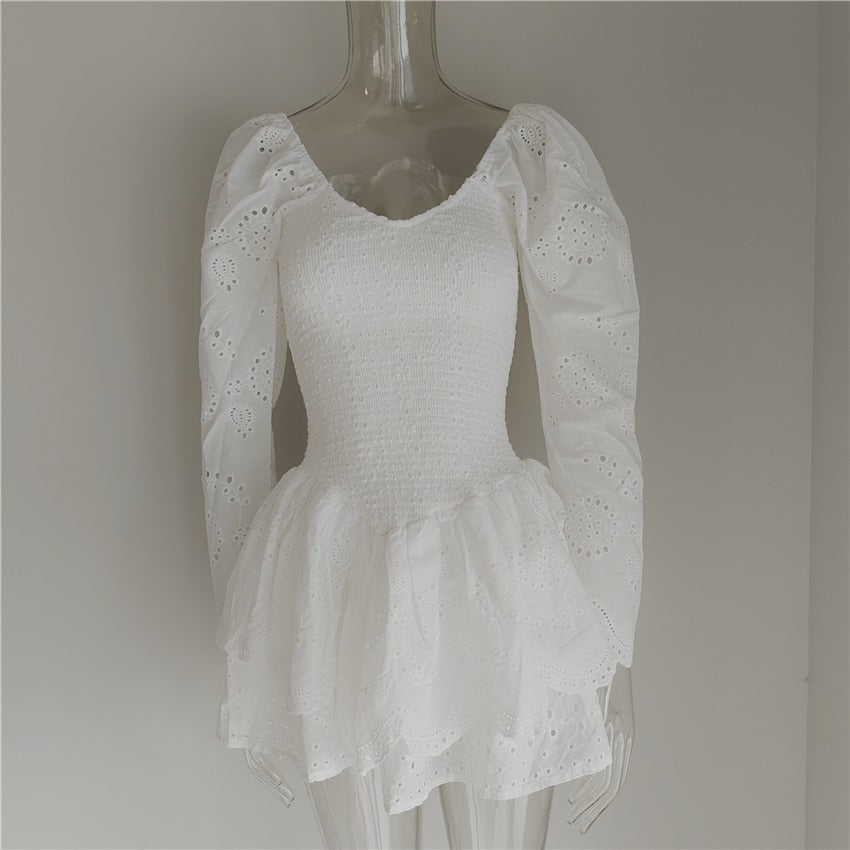 2023 Summer Autumn Long Sleeve Elegant Embroidery Mini Dress Women Long Sleeve Cotton Smocked Bodice Sexy Woman Dress