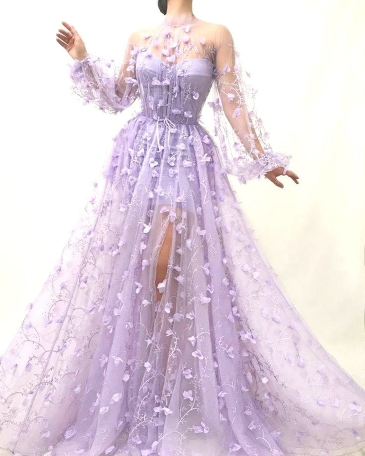 2023 Fashion Floral Long Sleeve Women Autumn Long Party Dress  Sexy Mesh Tulle Purple Maxi Dress Vestidos De Mujer