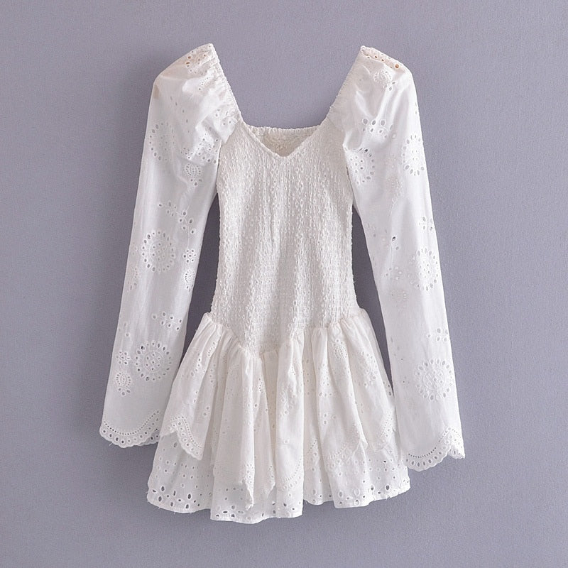 2023 Summer Autumn Long Sleeve Elegant Embroidery Mini Dress Women Long Sleeve Cotton Smocked Bodice Sexy Woman Dress