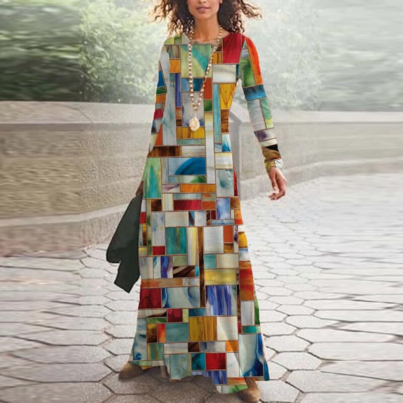 2023 Spring Geometric Print Long Party Dress Women Elegant O Neck Office Maxi Dress Autumn Long Sleeve Hem Boho Lady Dress Mujer