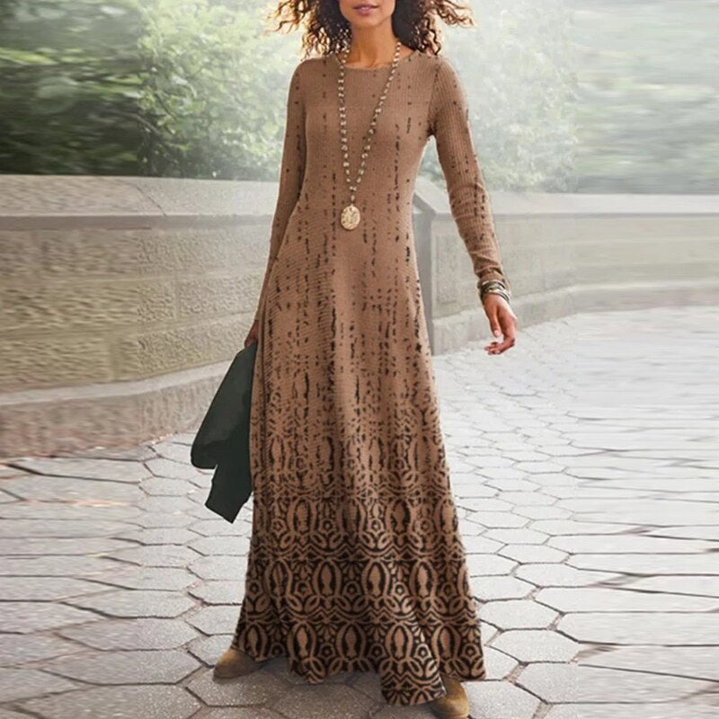 2023 Spring Geometric Print Long Party Dress Women Elegant O Neck Office Maxi Dress Autumn Long Sleeve Hem Boho Lady Dress Mujer