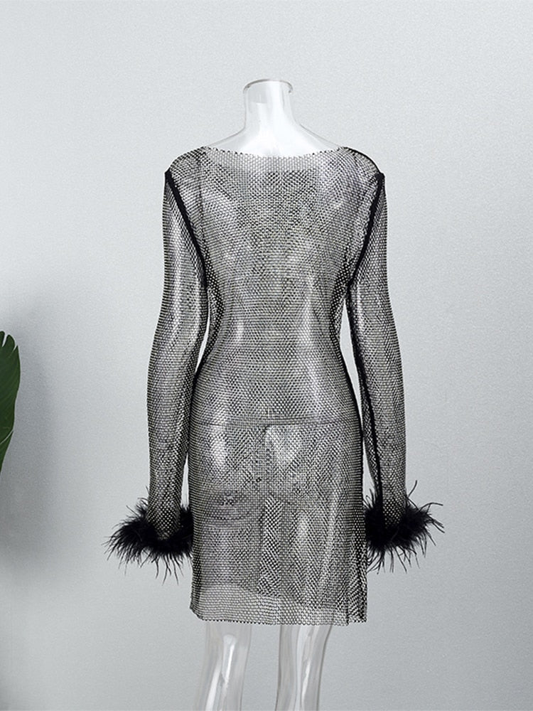 2023 Sexy Rhinestones Mesh Feathers Dress Women Fashion Tassel See Through Long Sleeve Dress Shinny Sequins Club Party Outfit