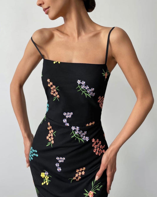2023 Sexy Mesh Dress Strapless Floral Embroidery Suspender Midi Dress Sleeveless High Waist Sheath Dress Elegant Vestidos